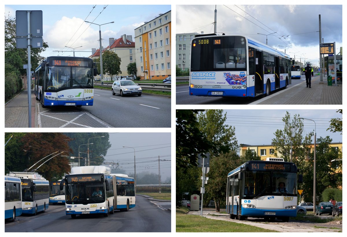 Na zdjęciu collage przedstawiający cztery biało-niebieskie autobusy linii 140 i 141