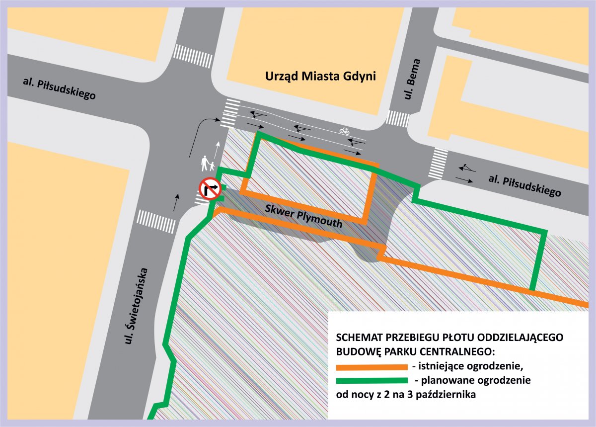 Schemat przebiegu ogrodzenia oddzielającego budowę Parku Centralnego: pomarańczowy - istniejące ogrodzenie, zielony - planowane ogrodzenie od nocy z 2 na 3 października b. r.