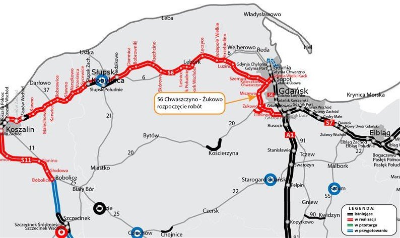 Uproszczona mapa Pomorza, narysowane linie z przebiegami dróg ekspresowych, w tym nowej S6