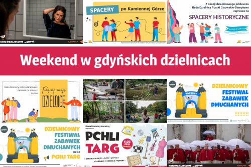 Kolaż zdjęć plakatów  weekendowych wydarzeń w dzielnicach.