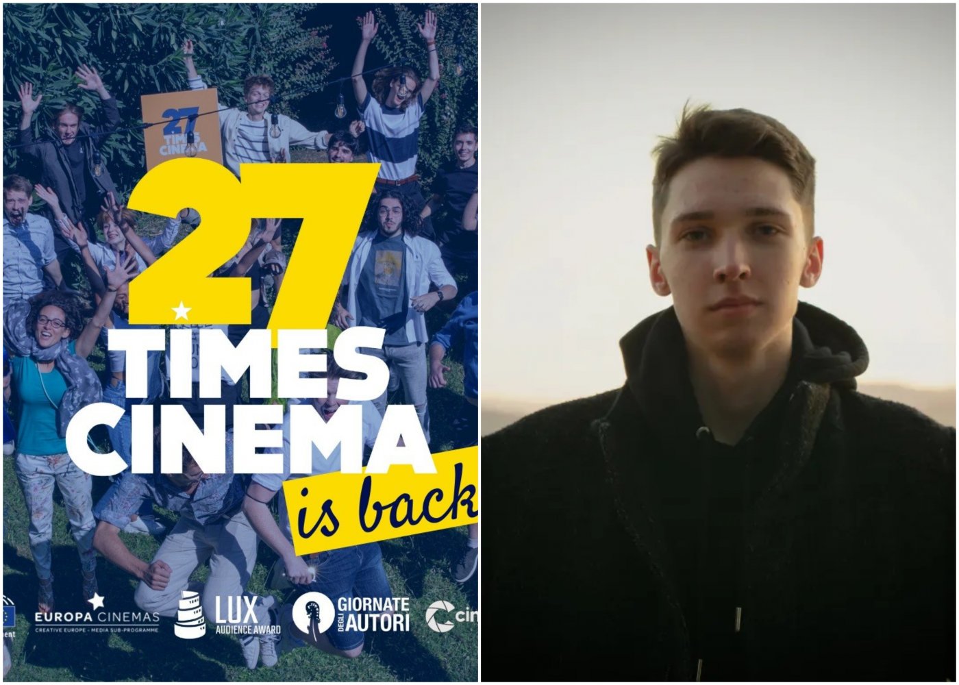 Na zdjęciu po prawej: Antoni Konieczny - polski laureat konkursu 27 Times Cinema. Na zdjęciu po lewej: grafika promująca konkurs 27 Times Cinema // fot. europa-cinemas-blog.org