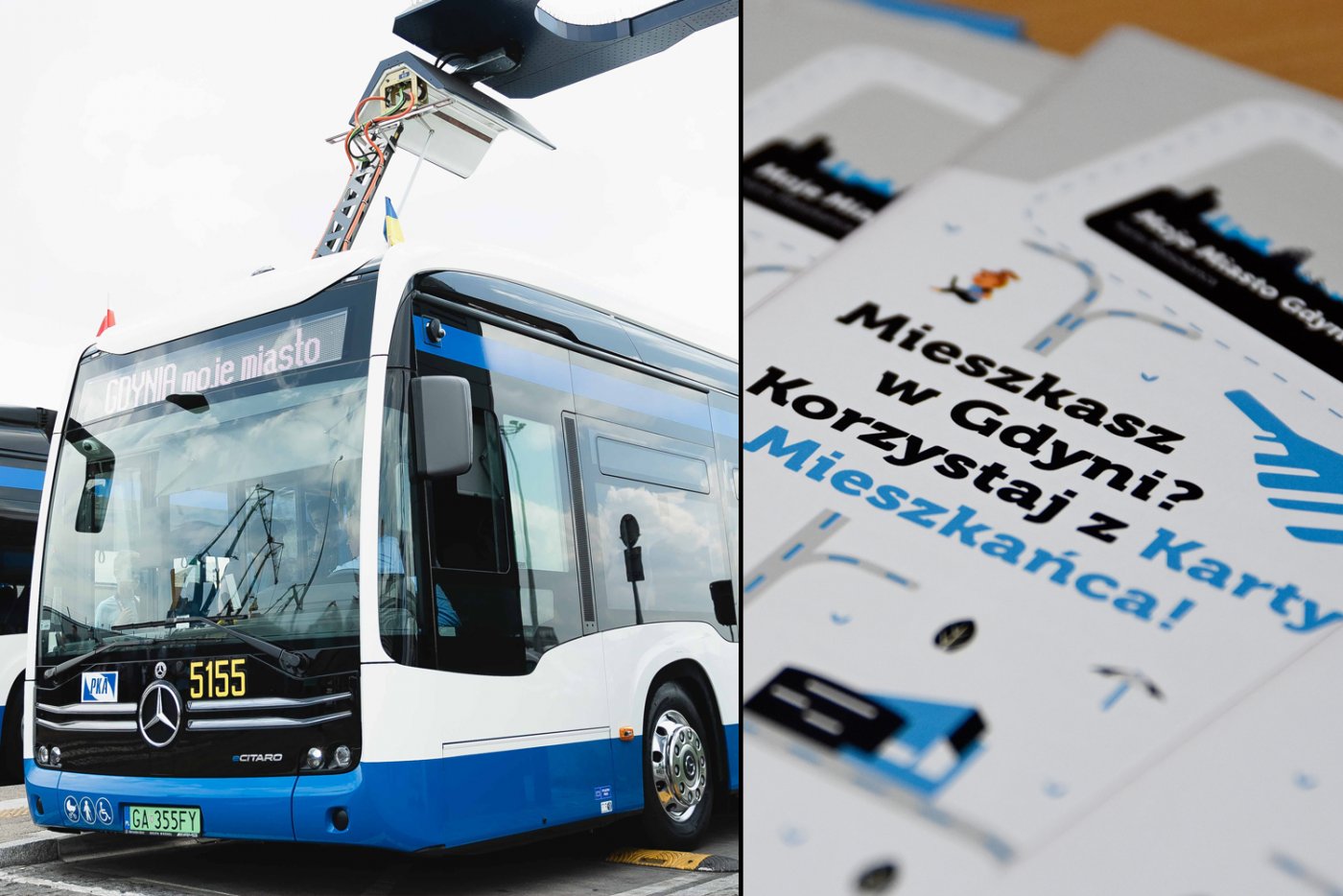 Na zdjęciach od lewej: nowoczesny elektrobus (fot. Kamil Złoch), wzór Karty Mieszkańca (fot. Kamil Złoch(