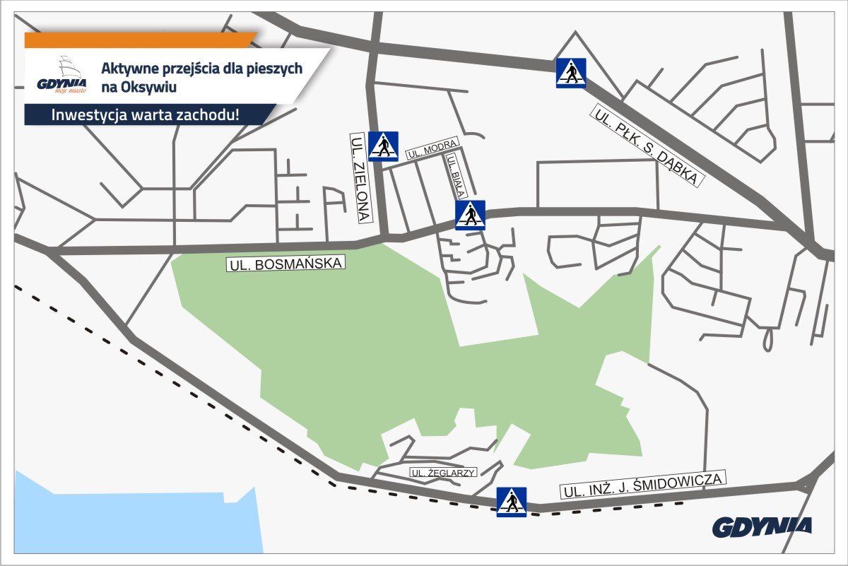 Lokalizacje przejść dla pieszych na Okyswiu, w których pojawią się nowe, aktywne elementy świetlne i detektory ruchu // mat. pras.