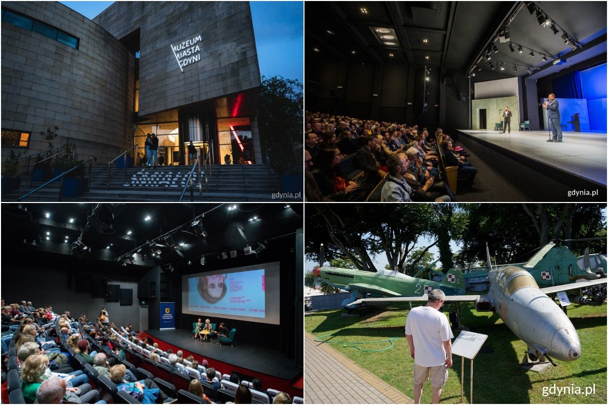 Kolaż zdjęć. U góry po lewej: budynek Muzeum Miasta Gdyni (fot. Kamil Złoch). U góry po prawej: scena i widownia Teatru Miejskiego w Gdyni (fot. Karol Stańczak). Na dole po prawej: ekspozycja plenerowa Muzeum Marynarki Wojennej (fot. Mirosław Pieślak) Na dole po lewej: Sala kinowa Gdyńskiego Centrum Filmowego podczas festiwalu Millennium Docs Against Gravity (fot. Anna Rezulak)