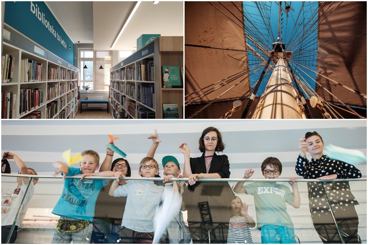 Kolaż (od lewej, u góry): wnętrze Biblioteki Gdynia, fot. Dariusza Wojtały, laureata II nagroda w konkursie Legenda Morska w Obiektywie w 2020 r. i  spotkanie w Muzeum Emigracji // mat. prasowe