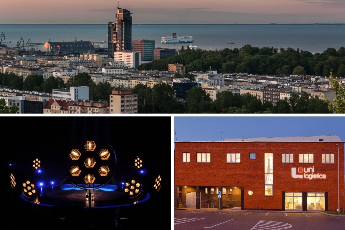 Kolaż składający się z trzech zdjęć: na górze widoczna jest panorama Gdyni, w tle widać morze oraz SeaTowers, po lewej stronie na dole widoczne są lampy sceniczne od firmy Portman Lights, a po prawej na dole siedziba firmy Uni-Logistics w Gdyni.