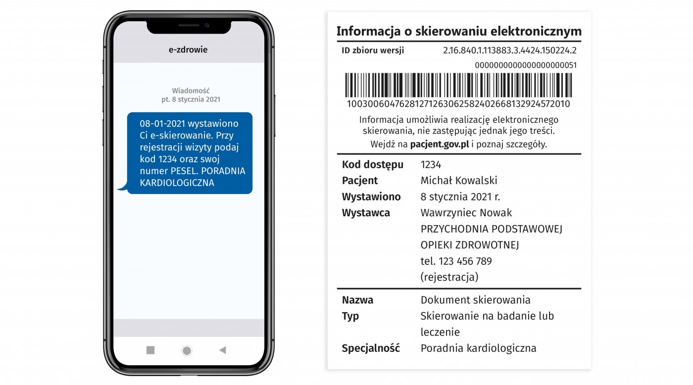 Po lewej stronie znajduje się telefon komórkowy z wyświetlonym SMS-em. Treść SMS-a: 