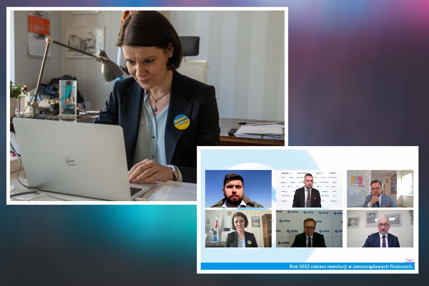 Debata online „Dziennika Gazety Prawnej”. Na zdj. (u góry): wiceprezydent Gdyni Katarzyna Gruszecka-Spychała. Na zdj. grupowym (od lewej. u góry): Jakub Banaszek – prezydent Chełma, prowadzący debatę Tomasz Żółciak, prezes zarządu CentroPolis Krzysztof Koman, skarbnik miasta Bydgoszczy Piotr Tomaszewski, Dariusz Mejszutowicz – wicedyrektor Działu Rynku Pierwotnego Giełdy Papierów Wartościowych w Warszawie i wiceprezydent Gdyni Katarzyna Gruszecka-Spychała // fot. Paweł Kukla 