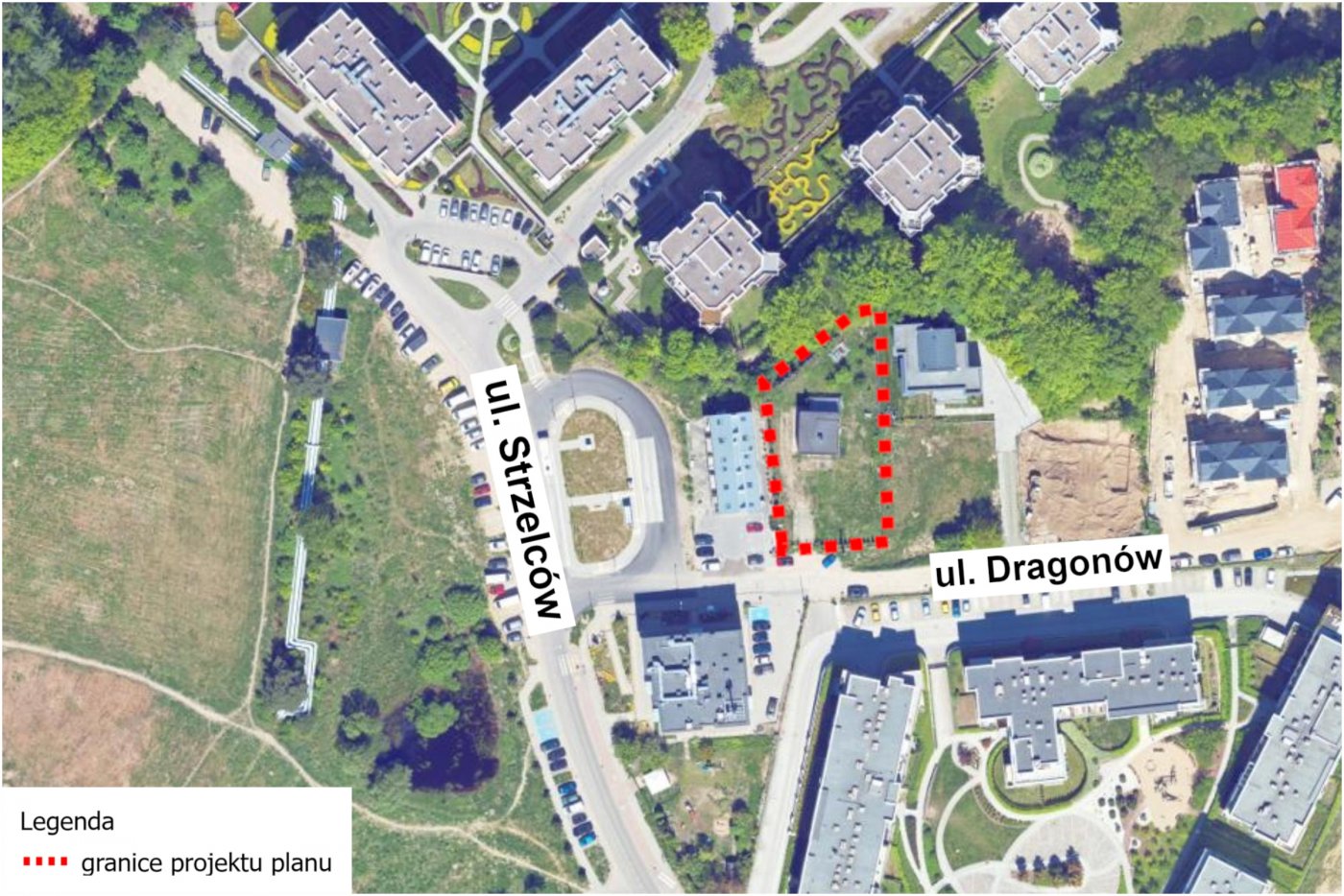Fragment ortofotomapy przedstawia granice obszaru objętego miejscowym planem zagospodarowania przestrzennego nr 1618 (mat. Biura Planowania Przestrzennego Miasta Gdyni)