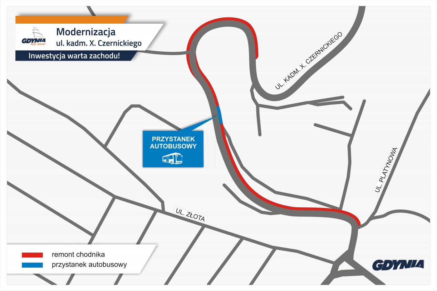 Mapka z zaznaczonym przebiegiem chodnika oraz peronem przystankowym na ulicy Czernickiego // mat. pras.