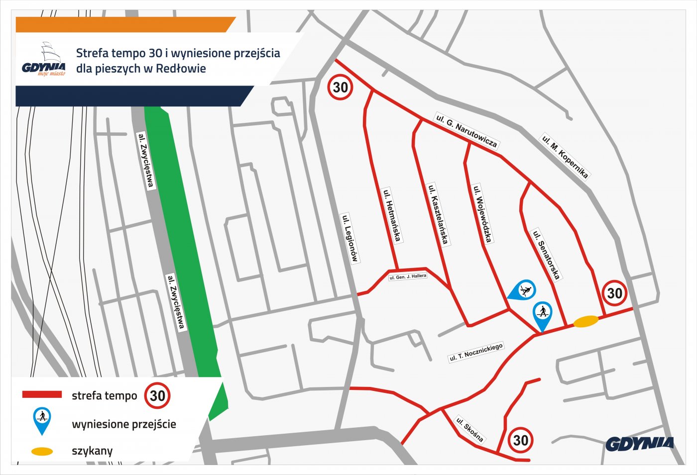 Mapka pokazująca ulice objęte Strefą Tempo 30, nowe przzejścia dla pieszych oraz tzw. szykany // mat.pras #dzielnicewGdyni