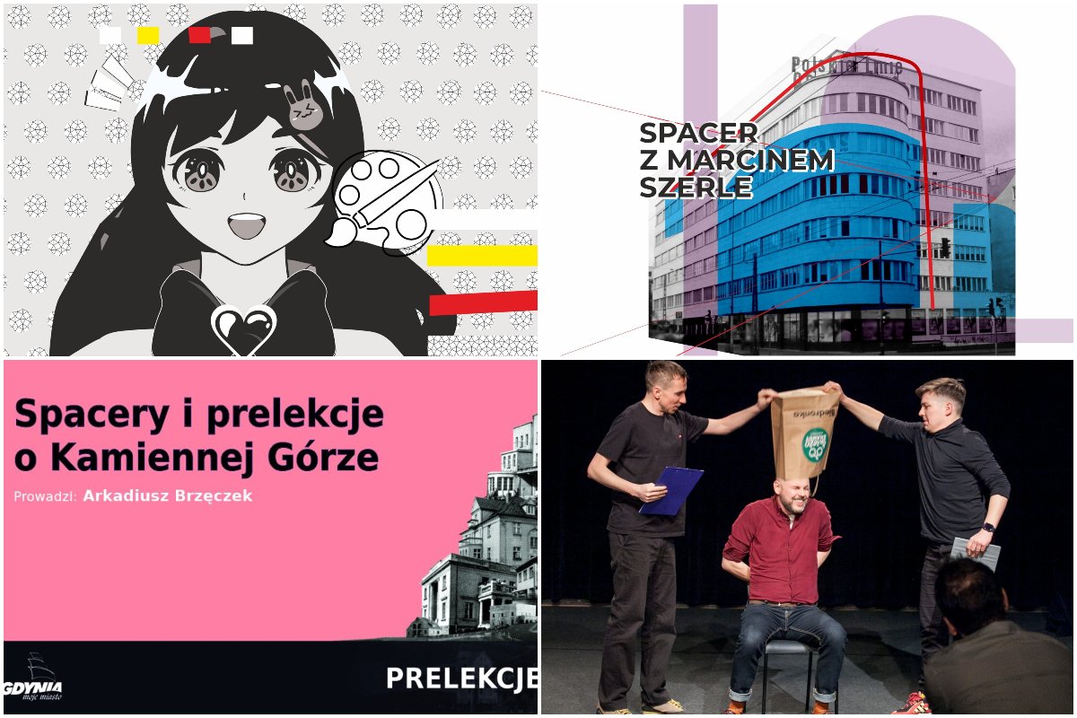 Kolaż zdjęć, od lewego górnego zgodnie z zegarem: Manga krok po kroku w Bibliotece z Pasją; spacer z dr Marcinem Szerle; Teatrzyk Bezwstydny; spacery i prelekcje Arka Brzęczka o Kamiennej Górze. Źródło: materiały prasowe 