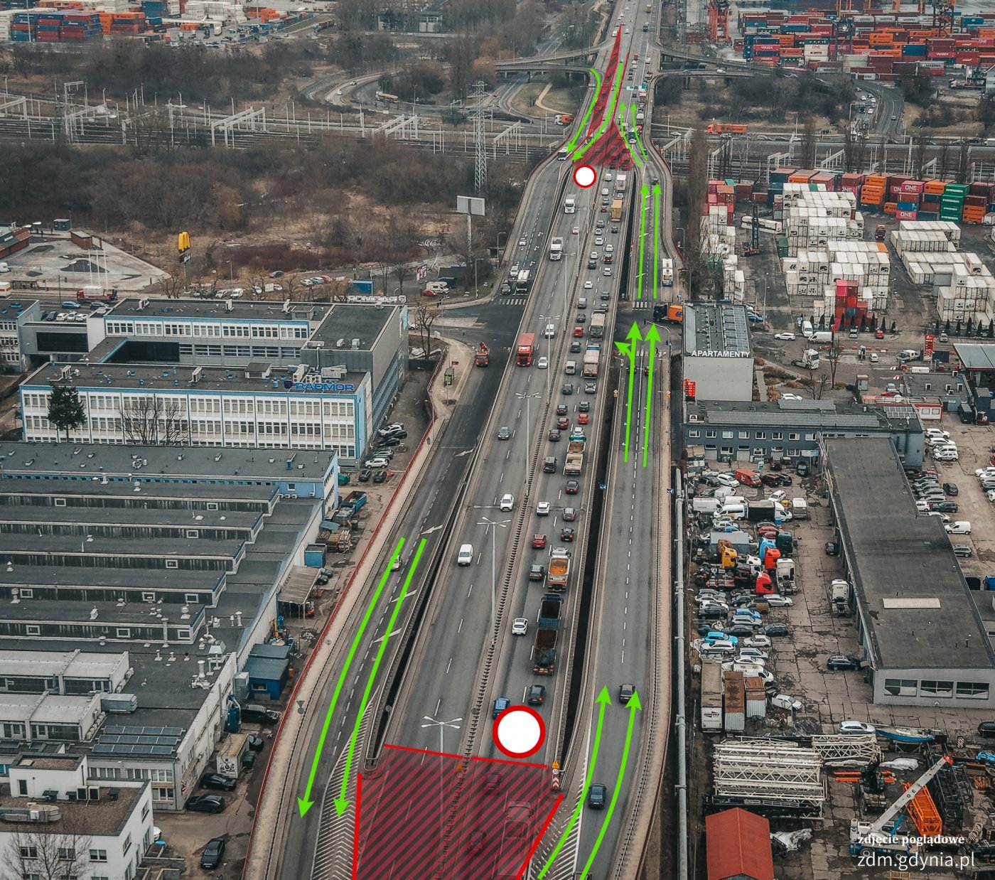 Schemat organizacji ruchu po zamknięciu głównego ciągu Estakady Kwiatkowskiego (fot. Marcin Mielewski / Zarząd Dróg Miejskich)