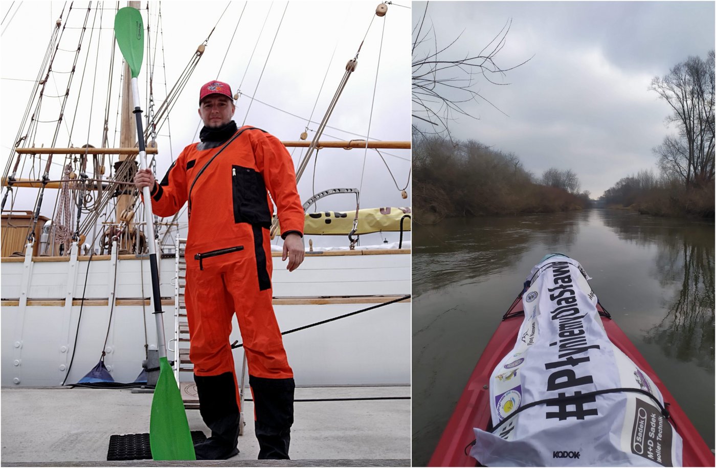 Po lewej stronie Szymon Machnowski z wiosłami w rękach, po prawej stronie zdjęcie wykonane telefonem, widoczny przód kajaka i rzeka.