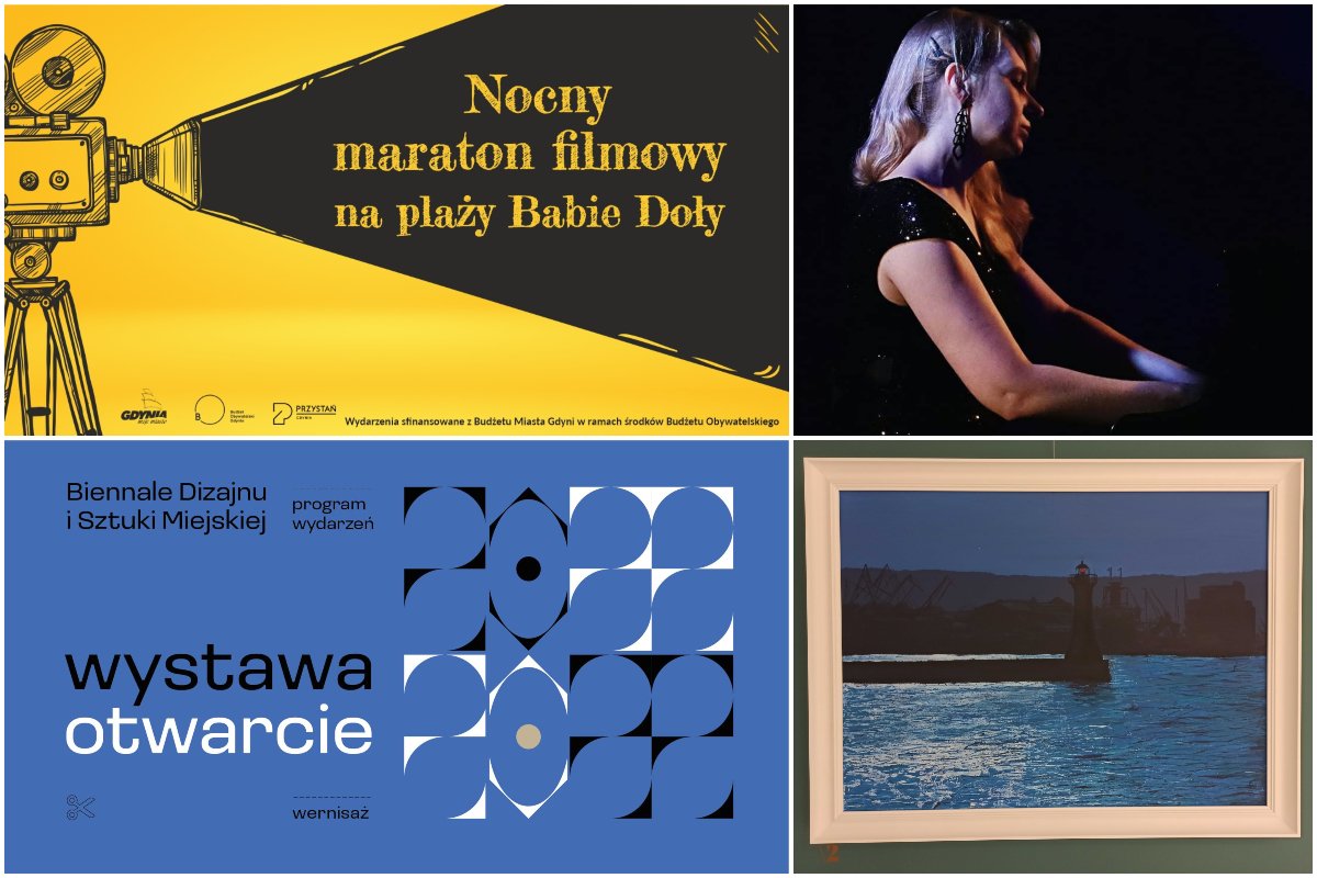 Kolaż zdjęć, od lewego górnego zgodnie z zegarem: Nocny maraton filmowy na plaży Babie Doły; Jazz Jam Session: Aleksandra Mońko-Allen w Blues Club Gdynia; spotkanie autorskie na wystawie Ludzie / Miasto / Port w Galerii Klif; wernisaż Biennale Dizajnu i Sztuki Miejskiej 2022 w Traffic Design. Źródło: materiały organizatorów
