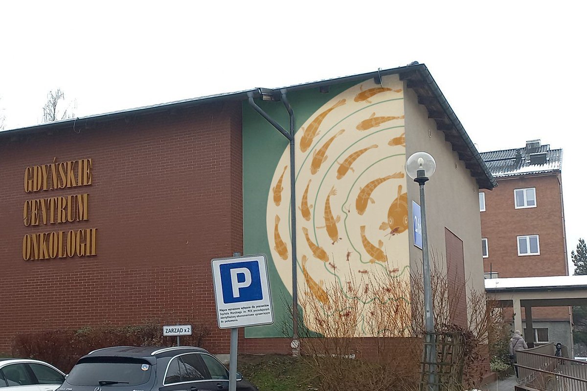 Wizualizacja muralu na ścianie Gdyńskiego Centrum Onkologii autorstwa Anieli Kalety. Źródło: Szpitale Pomorskie