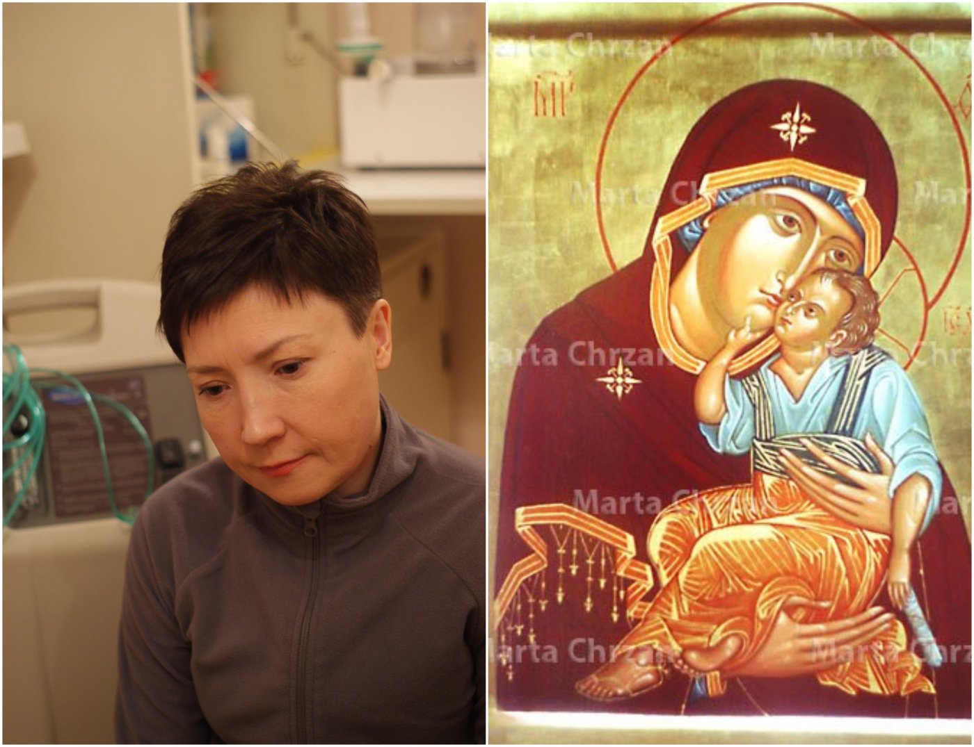 Na zdjęciu po lewej: Marta Chrzan (fot. facebook.com/MartaDeltaF508). Po prawej: jedna z ikon autorstwa artystki - Matka Boska Jachromska (materiały Marty Chrzan)