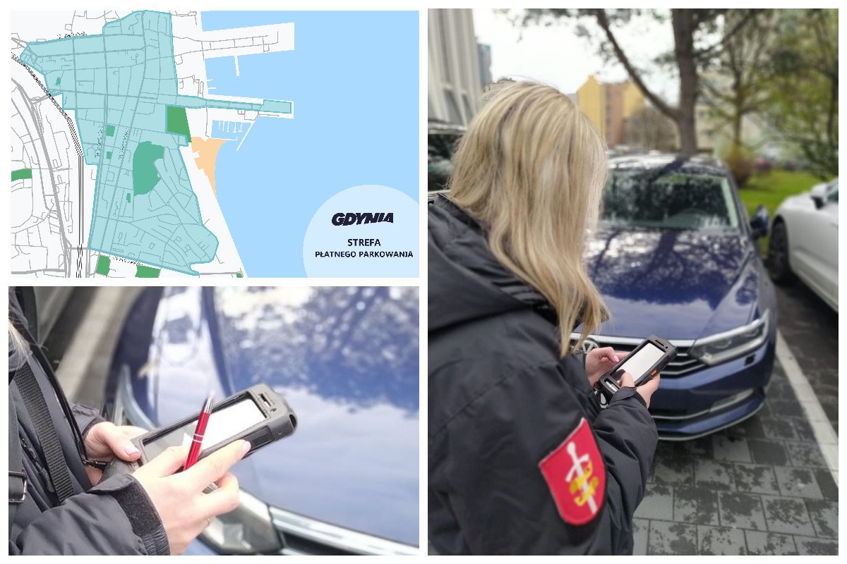 Kolaż zdjęć: mapa obecnej strefy płatnego parkowania i kontrolerka sprawdza nr rejestracyjny pojazdu na urządzeniu mobilnym // fot. ZDiZ