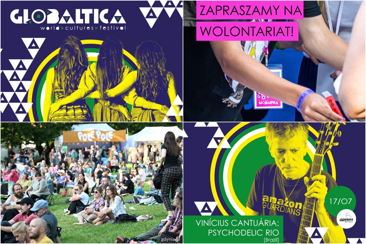 Kolaż zdjęć. U góry po lewej: grafika ze zdjęciem zespołu Sutari (fot. materiały prasowe). U góry po prawej: grafika zapraszająca do zgłoszeń na wolontariat podczas Globaltiki (fot. materiały prasowe). Na dole po lewej: publiczność podczas jednego z koncertów Globaltiki w 2024 roku (fot. Michał Puszczewicz). Na dole po prawej: grafika ze zdjęciem Viníciusa Cantuárii (fot. materiały prasowe)