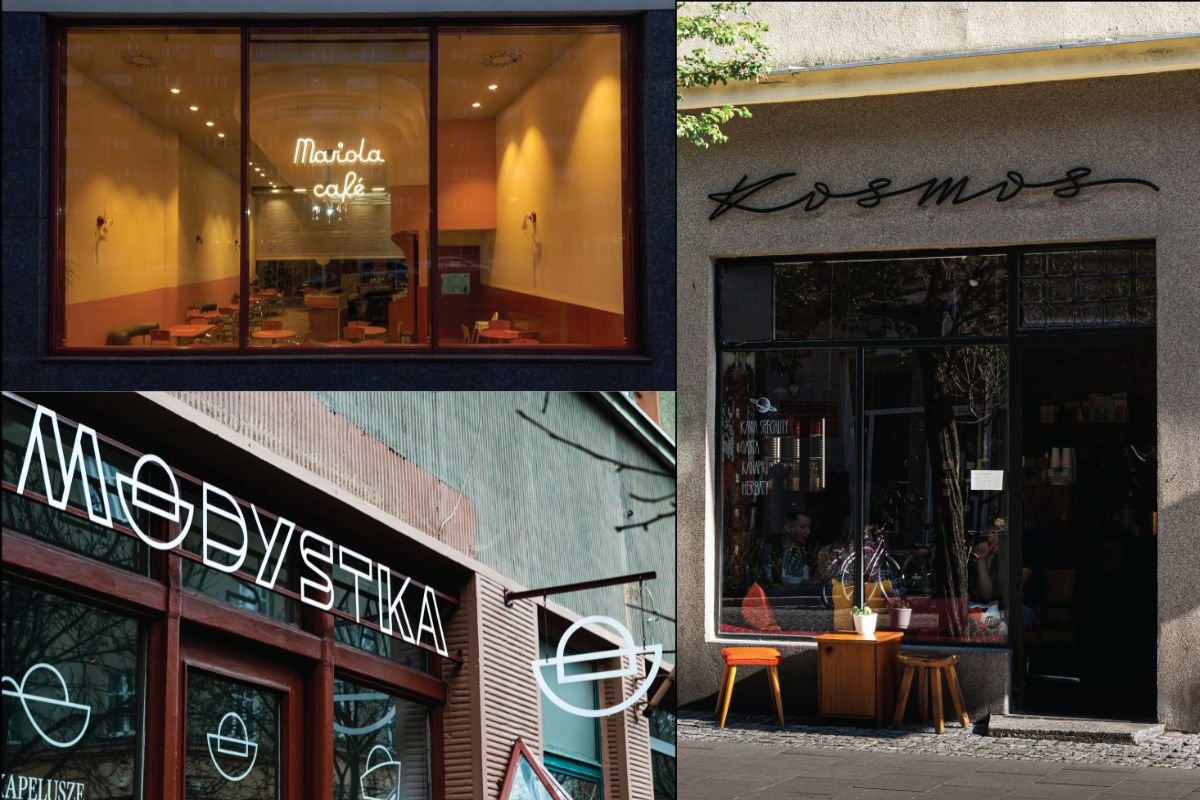 Te szyldy uznano za najlepsze w Gdyni: Mariola Cafe po zmianach spowodowanych uchwałą krajobrazową (u góry, po lewej), Modystka z ul. Kilińskiego (na dole, po lewej) i nowa kawiarnia Kosmos przy ul. Starowiejskiej (po prawej) to nagrodzone propozycje (fot. mat. Plastyka Miasta Gdyni)