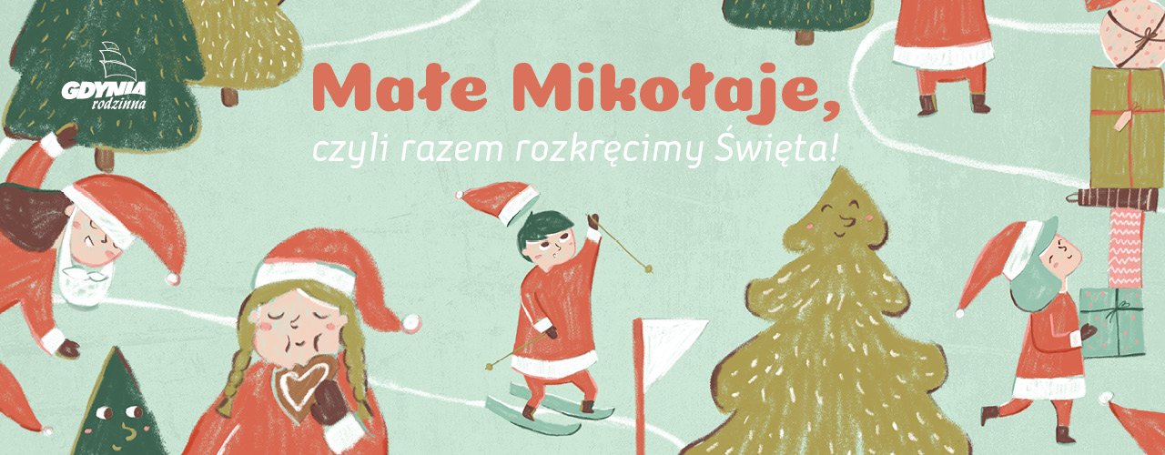 Grafika Gdyni Rodzinnej z napisem: „Małe Mikołaje, czyli razem rozkręcimy Święta!