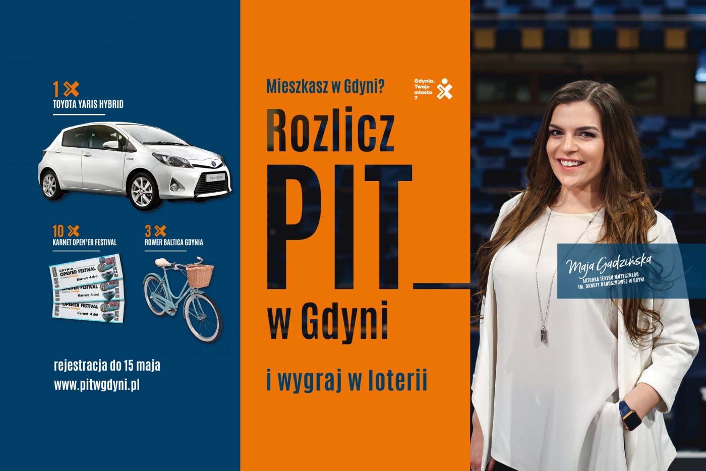 Grafika promująca loterię „Rozlicz PIT w Gdyni”. Na zdjęciu ambasadorka kampanii, aktorka Teatru Muzycznego - Maja Gadzińska