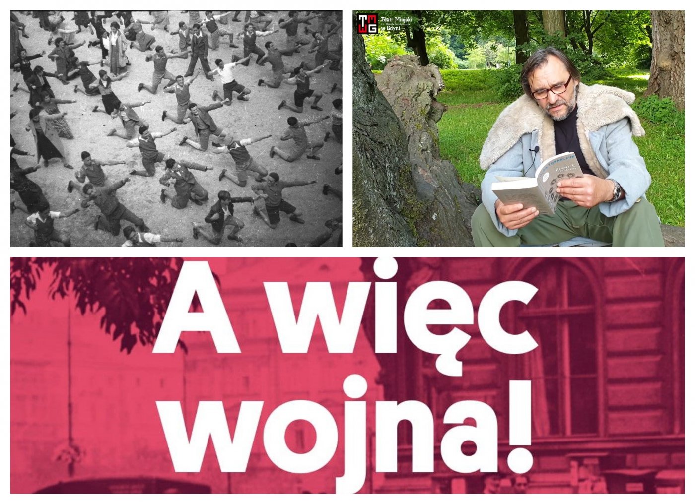 Depesza kulturalna - od lewego górnego rogu zgodnie z zegarem: grupa Żydów podczas gimnastyki, fot. Z'ev Aleksandrowicz; Grzegorz Wolf czyta w Parku Kolibki Olgę Tokarczuk, kadr z filmu; plakat filmu dokumentalnego 