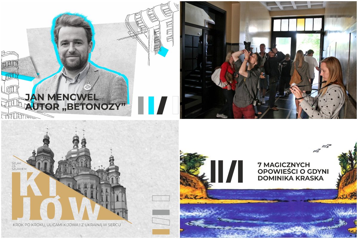 Kolaż zdjęć, od lewego górnego zgodnie z zegarem: spotkanie autorskie z Janem Mencwelem; foto-spacer Gdyńskiego Szlaku Modernizmu; spotkanie autorskie z Dominiką Kraską; spotkanie z przewodniczką po Kijowie Natalią Sukhonis. Źródło: materiały promocyjne organizatorów