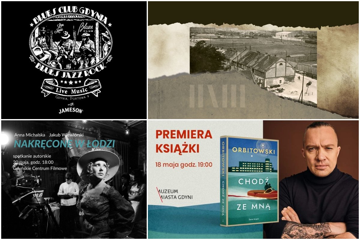 Kolaż zdjęć, od lewego górnego z godnie z zegarem: bluesowe jamm session w Blues Club Gdynia; spacer historyczny po Grabówku z dr. Marcinem Szerle; premiera książki Łukasza Orbitowskiego 