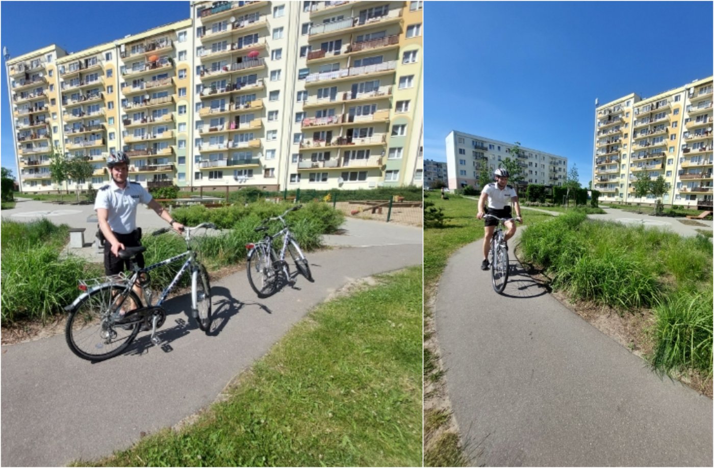 Kolaż dwóch zdjęć: z lewej policjant stoi przy dwóch rowerach służbowych na tle bloku, z prawej policjant jedzie ścieżką na służbowym rowerze