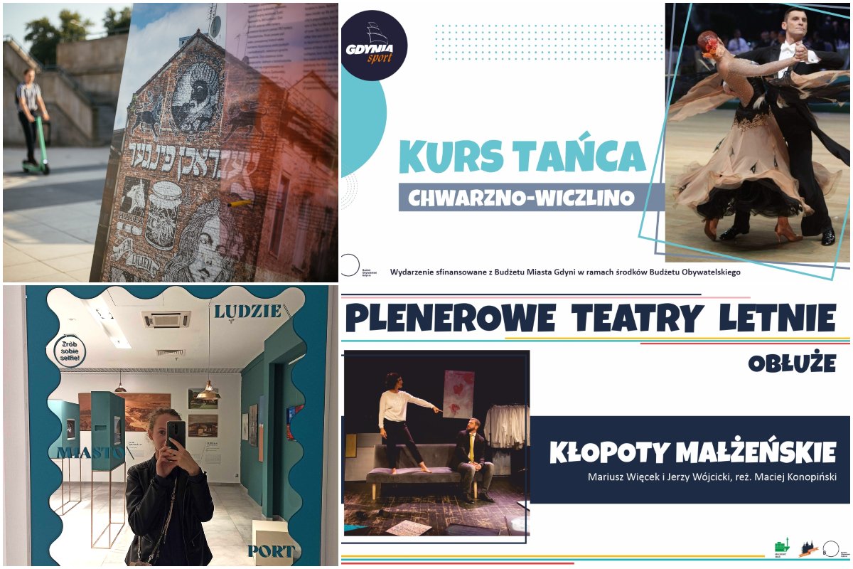 Kolaż zdjęć, od lewego górnego zgodnie z zegarem: Żydzi w Gdyni - spacer architektoniczny; kurs tańca na Chwarznie-Wiczlinie; spektakl 