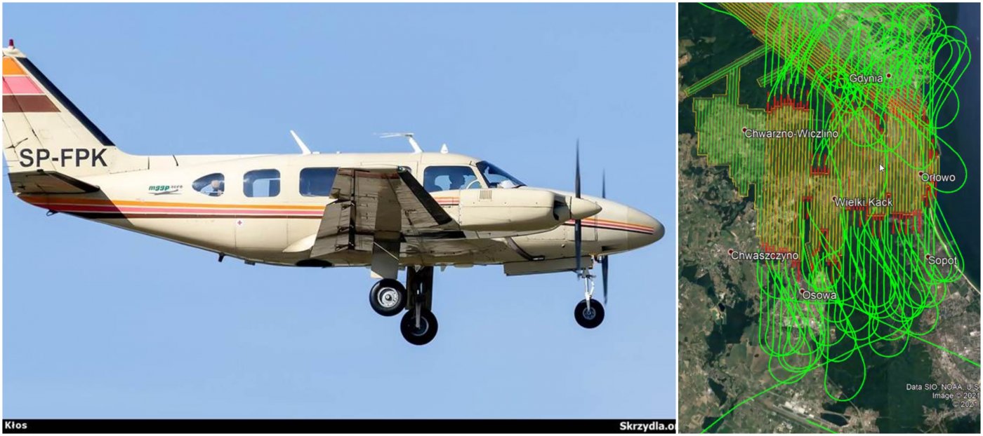 Samolot firmy MGGP Aero i mapa termowizyjnych lotów wykonanych ostatniej nocy nad Gdynią. Fot. Andrzej Kłos / skrzydla.org