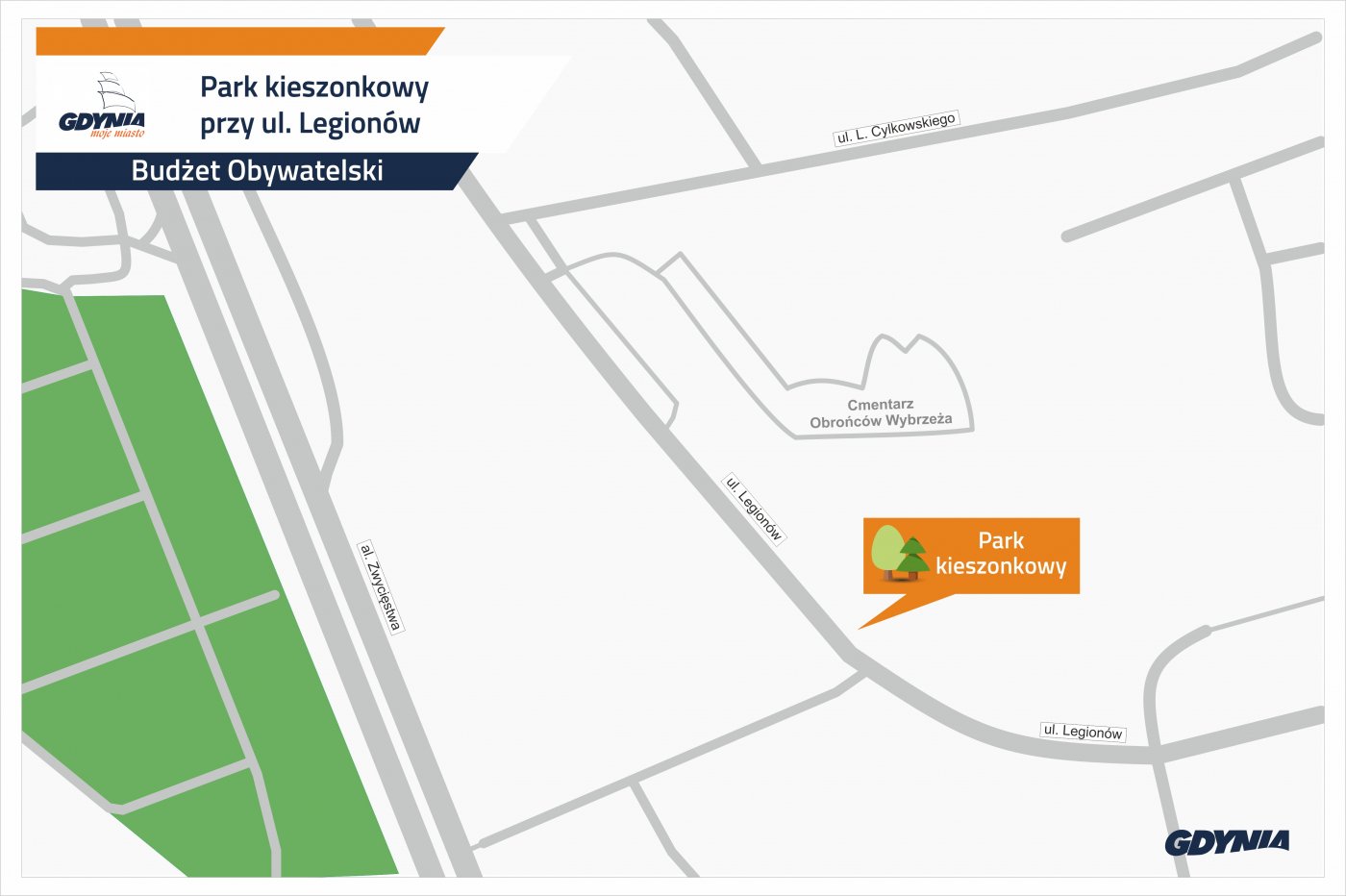 Mapka pokazująca miejsce przy ul. Legionów, w którym powstanie park kieszonkowy // mat.pras. Dzielnice#wGdyni