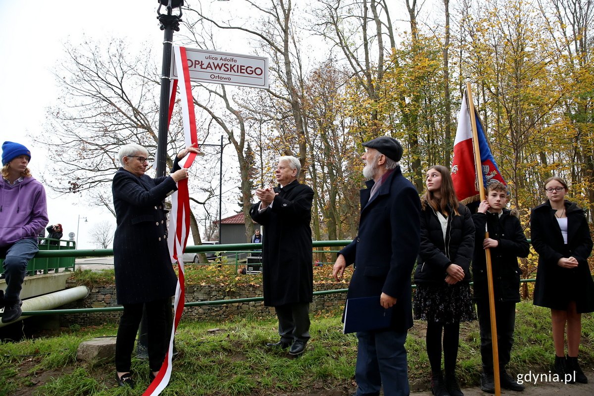 Joanna Zielińska - przewodnicząca Rady Miasta Gdyni, Bogdan Borusewicz - wicemarszałek Senatu RP oraz dyrektor Zespołu Szkół Plastycznych w Gdyni Marek Lis odsłaniają tablicę z nazwą ulicy Adolfa Popławskiego. Fot. Przemysław Kozłowski