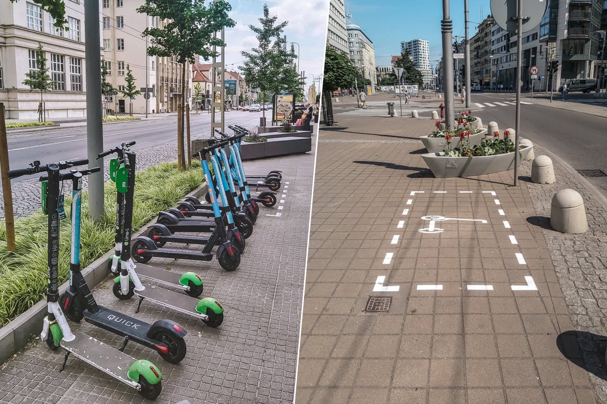 Hulajnogi zaparkowane w wyznaczonym przez miasto miejscu (po lewej) oraz malowanie parkingu dla hulajnóg (po prawej) // fot. materiały Referatu Zrównoważonej Mobilności Urzędu Miasta Gdyni
