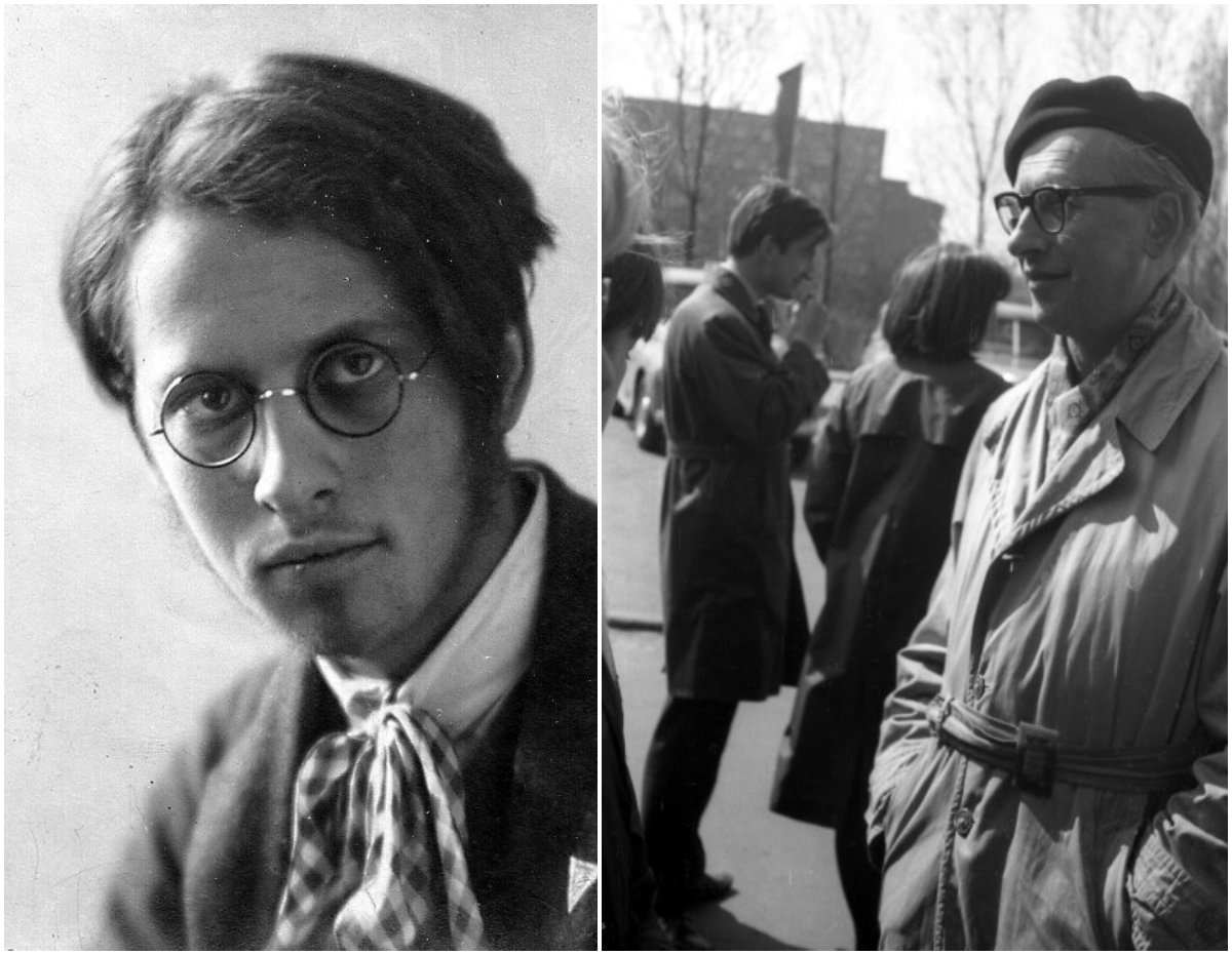 Adolf Popławski: z lewej: w czasach studenckich; z prawej: z młodzieżą licealną przed pochodem 1-majowym, lata 60. (fot. J. Borusewicz), źródło: 