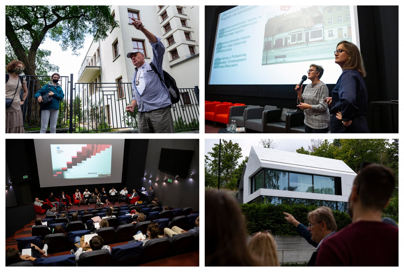 Weekend Architektury 2020, dzień drugi. Od lewego górnego zgodnie z zegarem: Jarosław Kaczmarczyk,archi-spacer Przedwojenna Lipowa; Ewa Rombalska i Patrycja Jastrzębska z Instytutu Architektury i Urbanistyki; Zbiegniew Reszka, Archi Spacer z Architektami; Archi Debata. Fot. Przemysław Kozłowski