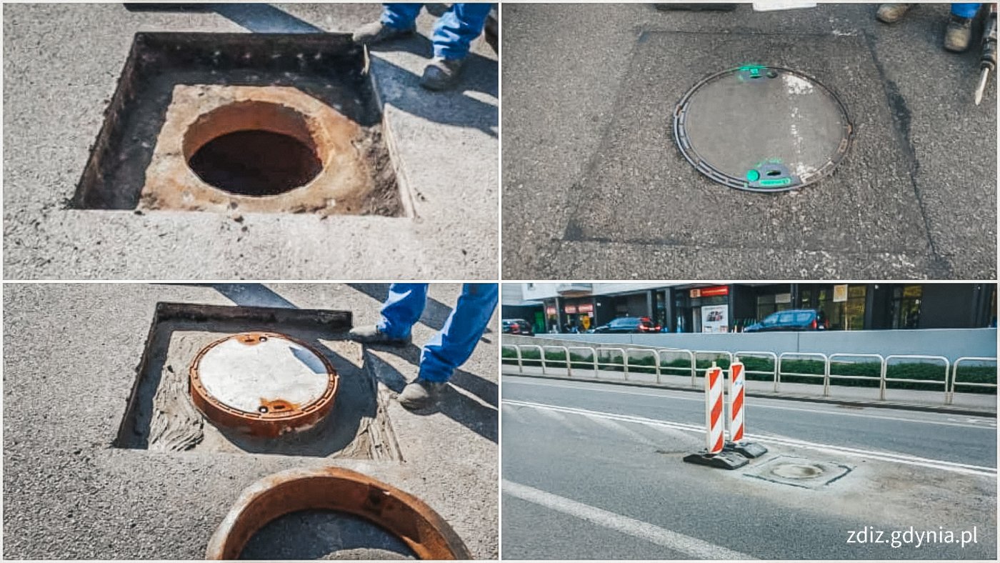 kolaż zdjęć przedstawiający wymianę włazu na sieci kanalizacji deszczowej