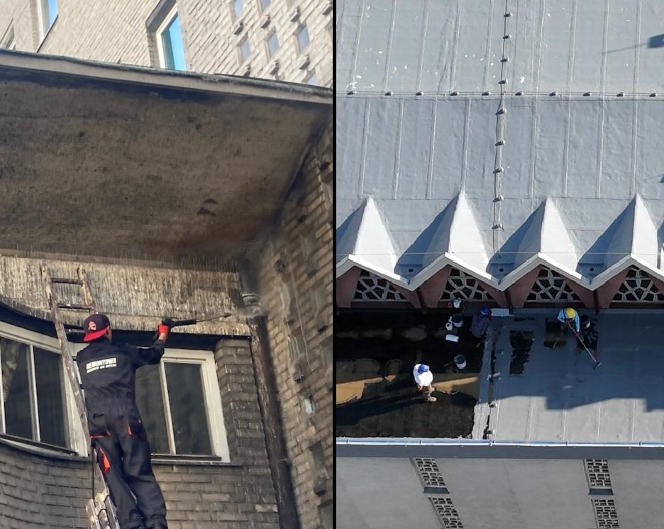 Prace przy gzymsie elewacji od podwórza budynku YMCA i prace remontowe dachu nad nawą boczną kościoła pw. NSPJ (fot. M. Studniak / T. Głazik)