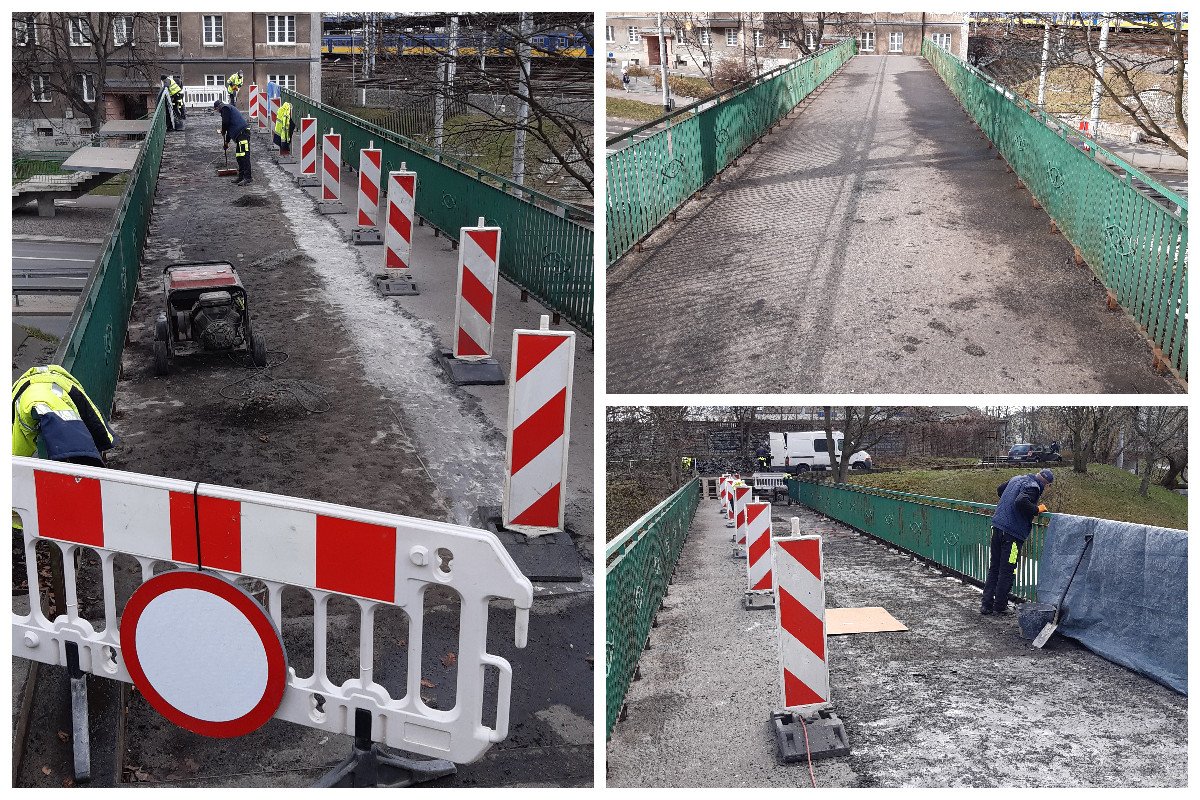Kolaż przedstawiający barierki i słupki na remontowanych odcinku kładki pieszej nad ul. Podjazd // fot. ZDiZ
