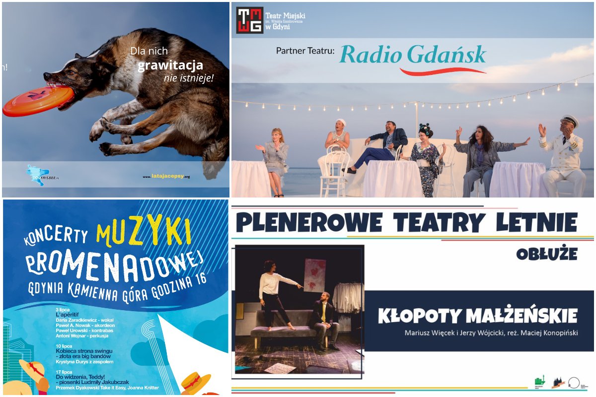 collage grafik weekendowych aktywności: teatru, latających psów, spektaklu, koncertów