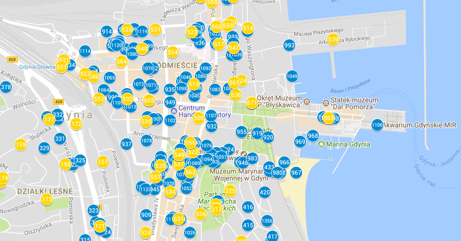 Przykładowy fragment gdyńskiej mapy zmian z uwzględnieniem kilkuset inwestycji
