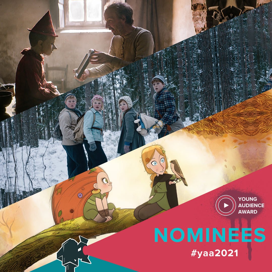 Kolaż ze zdj. nominowanych filmów: PINOCCHIO by Matteo Garrone, THE CROSSING by Johanne Helgeland, WOLFWALKERS by Tomm Moore & Ross Stewart. Mat. EFA Young Audience Award / FB