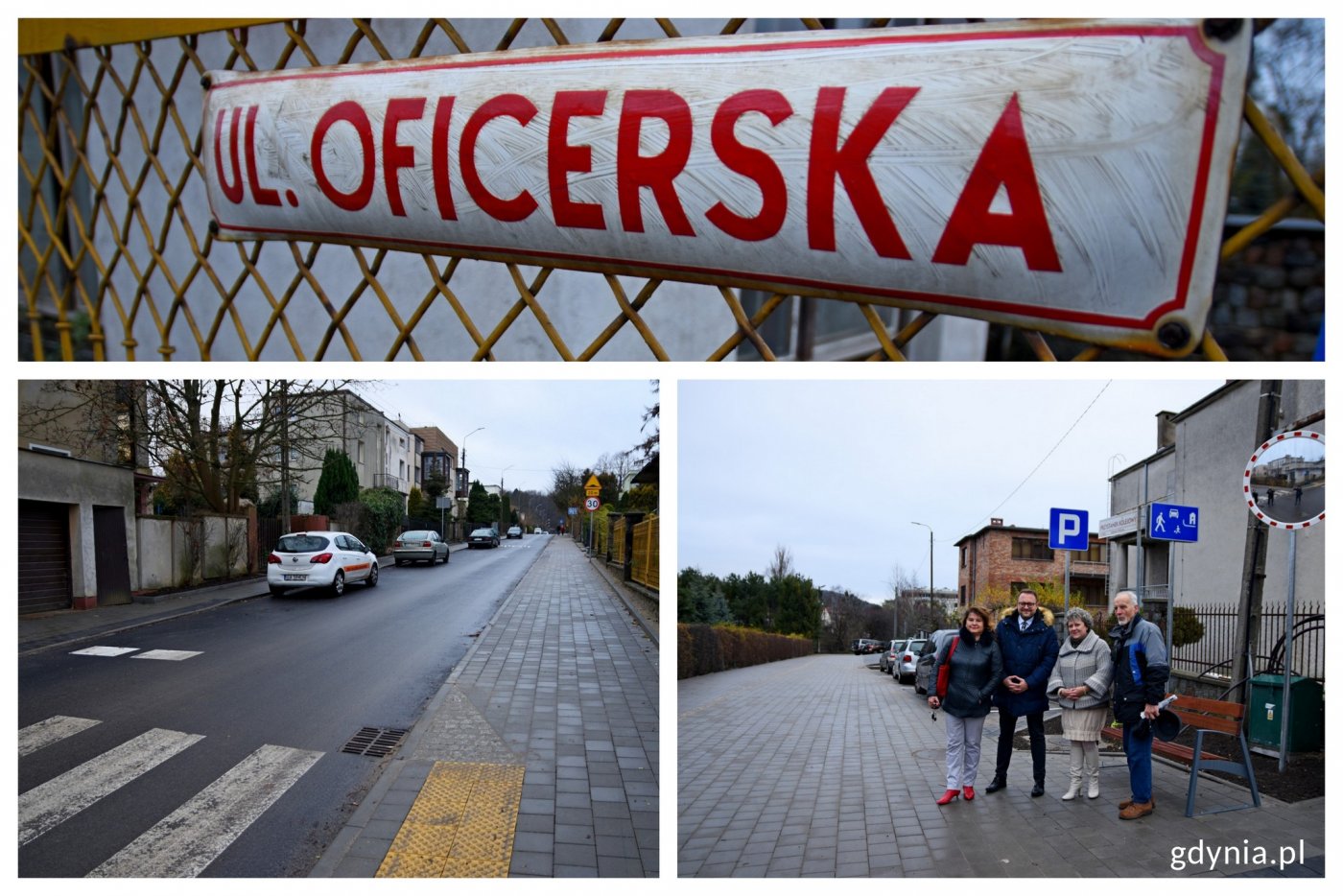 Ulica Oficerska już po remoncie. Na jednym ze zdjęć: Marek Łucyk, wiceprezydent Gdyni ds. rozwoju, Beata Wielgo z Zarządu Dróg i Zieleni w Gdyni oraz radni dzielnicy Orłowo // fot. Paweł Kukla