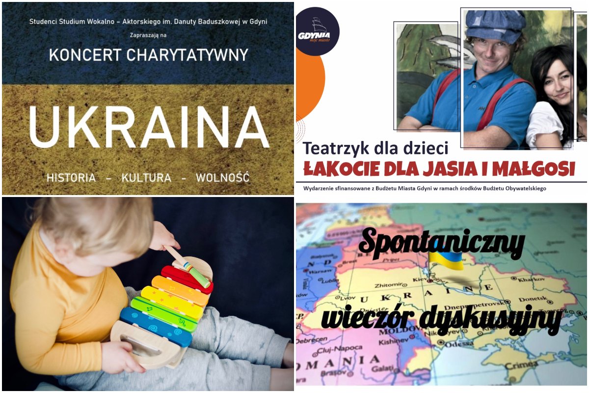 Kolaż zdjęć, od lewego górnego zgodnie z zegarem: Koncert charytatywny dla Ukrainy; Teatrzyk dla dzieci; Spontaniczny wieczór dyskusyjny; Śpiewogranie w Bibliotece Gdynia. Źródło: materiały promocyjne organizatorów
