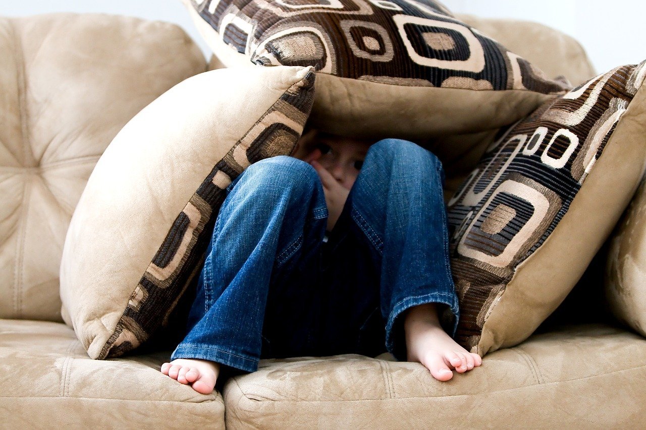 Chłopiec na kanapie przykryty poduszkami. Fot. Pixabay