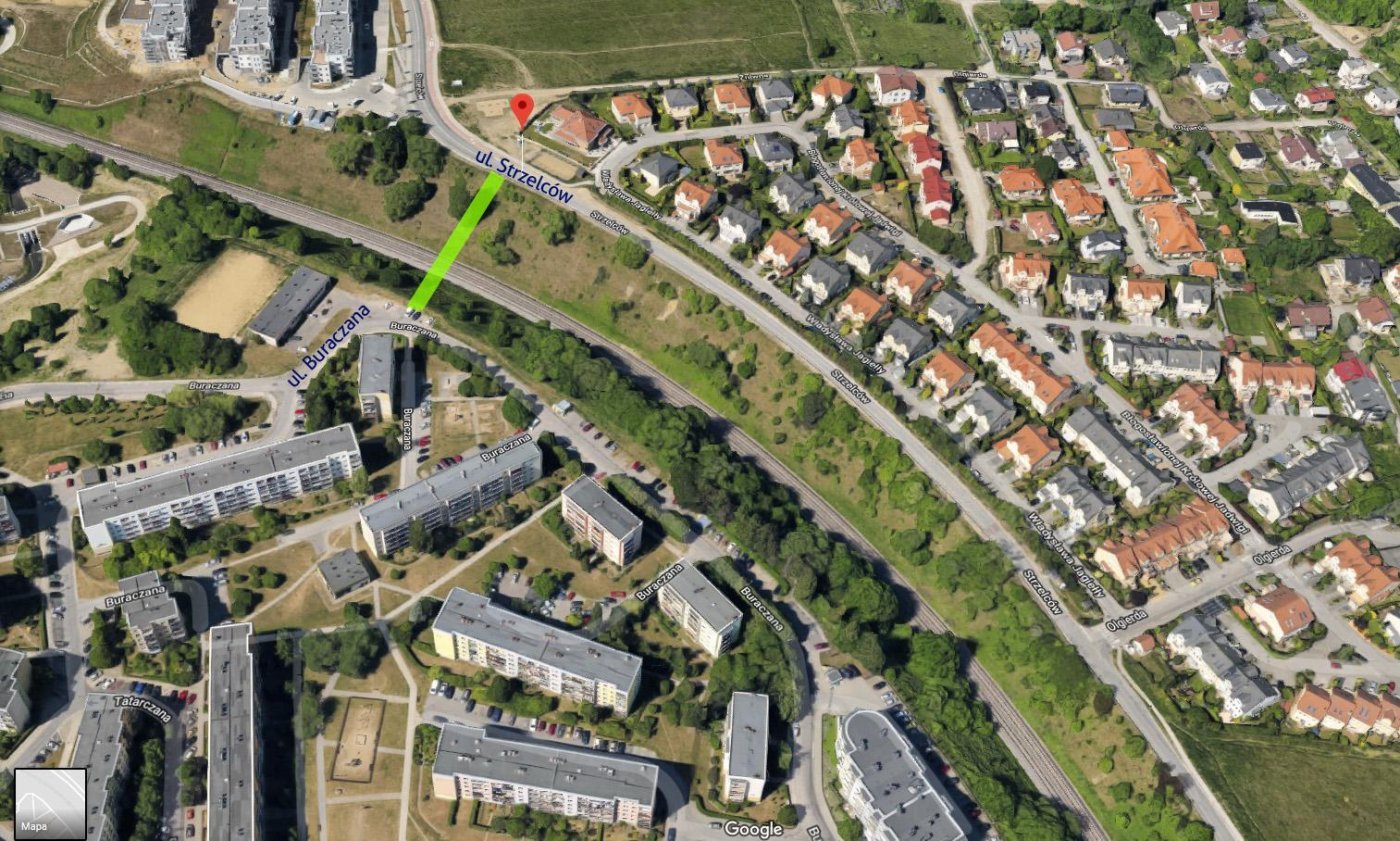 Przybliżona lokalizacja kładki pieszo-rowerowej pomiedzy ulicami Buraczaną i Strzelców, fot. GoogleMaps