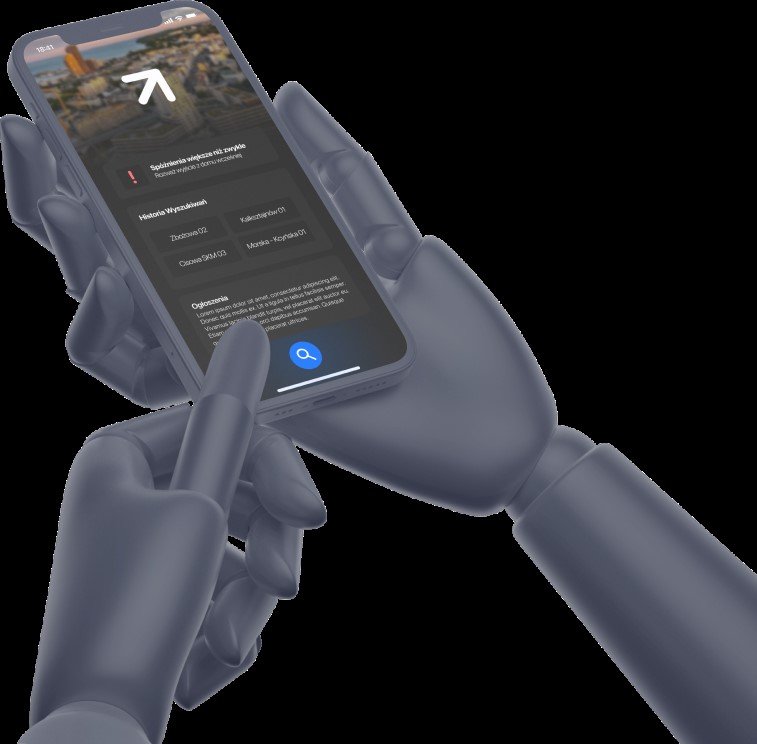 Na zdjęciu znajduje się prototyp dłoni ludzkiej trzymającej urządzenie mobilne, które rejestruje spóźnienia autobusów za pośrednictwem aplikacji MOVEIT