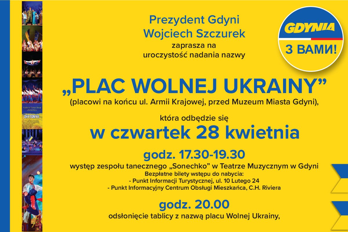 Zaproszenie na uroczystość nadania placowi w Gdyni nazwy Wolnej Ukrainy. Materiały prasowe
