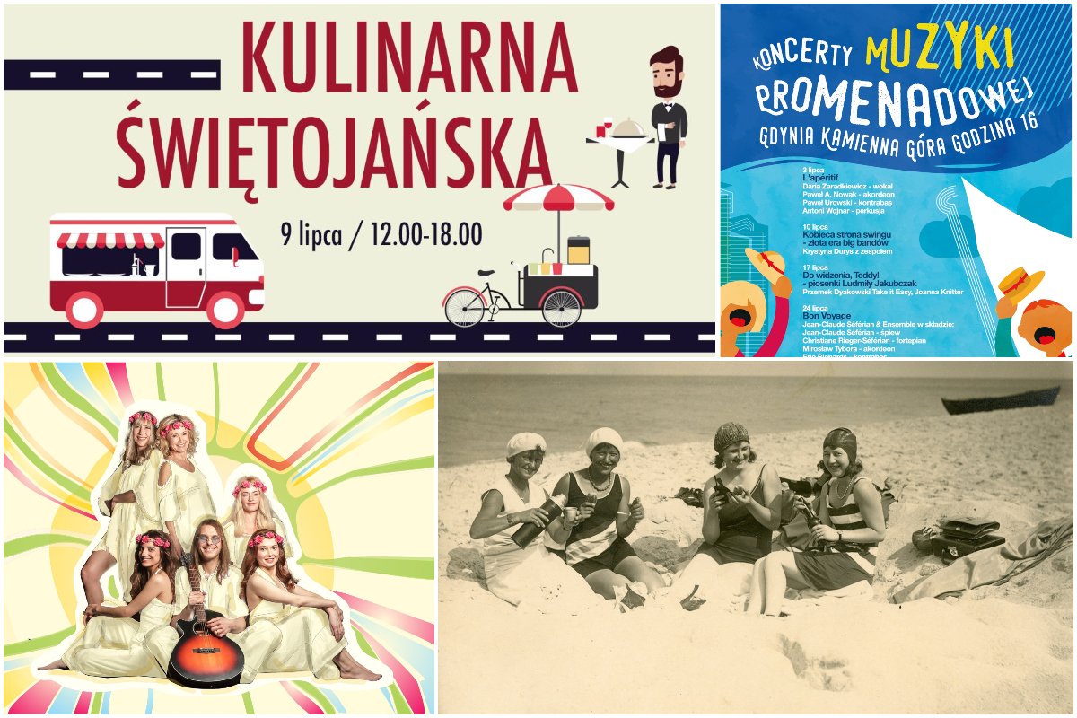 W ten weekend wychodzimy na miasto! //collage z mat. pras., dolna fotografia: Gdyńskie plażowiczki//fot. z www.gdyniawsieci.pl – cztery kobiety na plaży, MMG-HM-II-4350